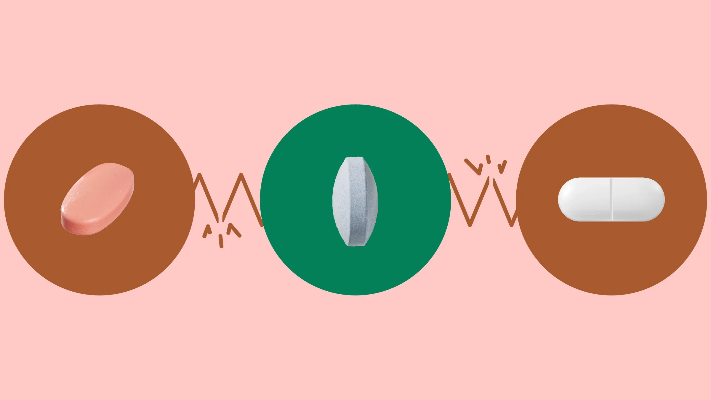 A light pink background with three circles across the frame. In the center, on a green circle, is a single round pill on its side. On the left, on a red circle, is a pink-peach colored oblong pill. On the right, on a red circle, is an oblong white pill.