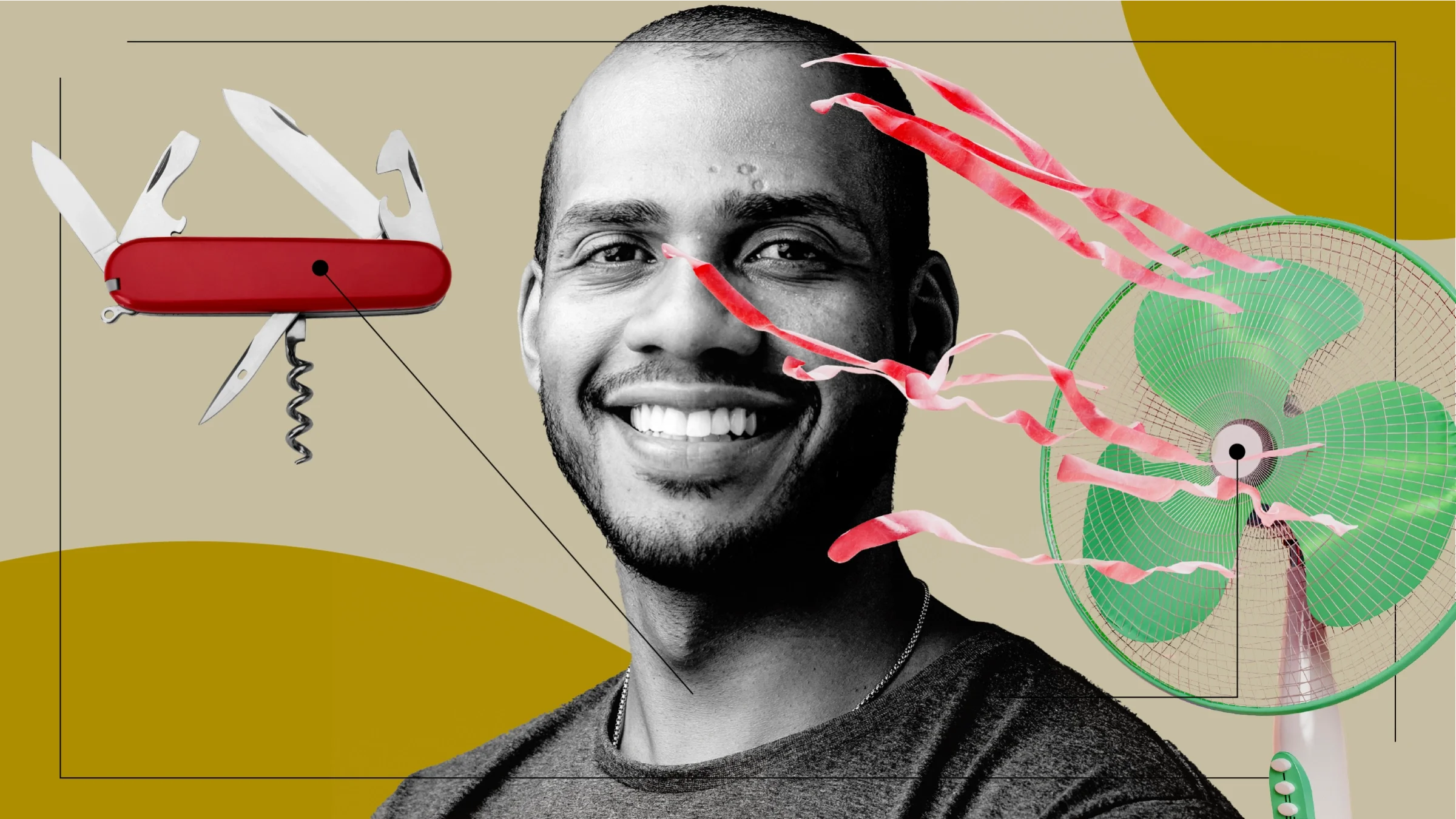 A graphic features a black-and-white portrait of a man and items that represent sickle cell disease pain: a Swiss Army knife and a fan blowing streamers.