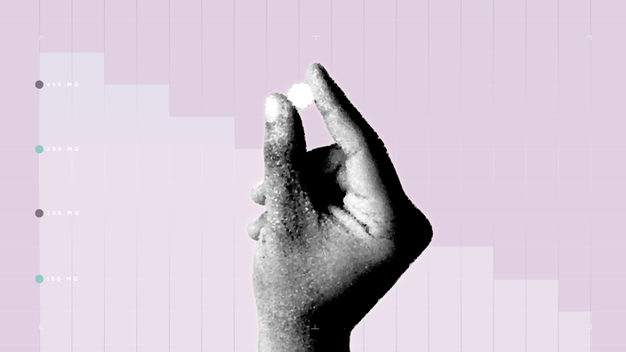 Light-purple background with graph paper texture and representational step graph. In the center is a black-and-white cutout of a hand holding a single pill. 