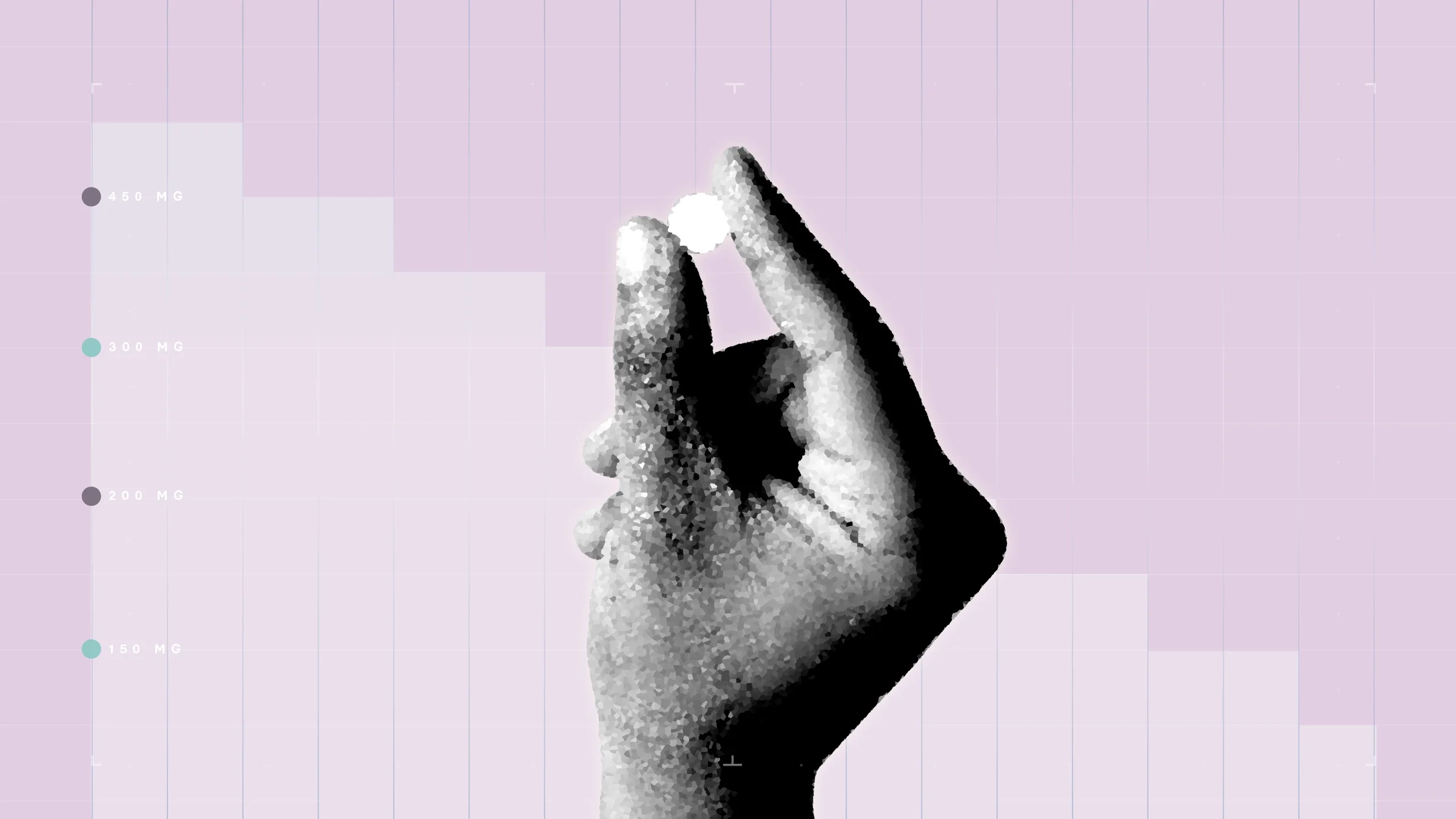 Light-purple background with graph paper texture and representational step graph. In the center is a black-and-white cutout of a hand holding a single pill.