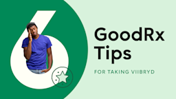 Light green background with dark green half-circle on the left side. The text reads: “6 GoodRx Tips for Taking Viibryd.” Coming out of the number six is a man holding his hand to his head like he has a headache. 
GoodRx Health