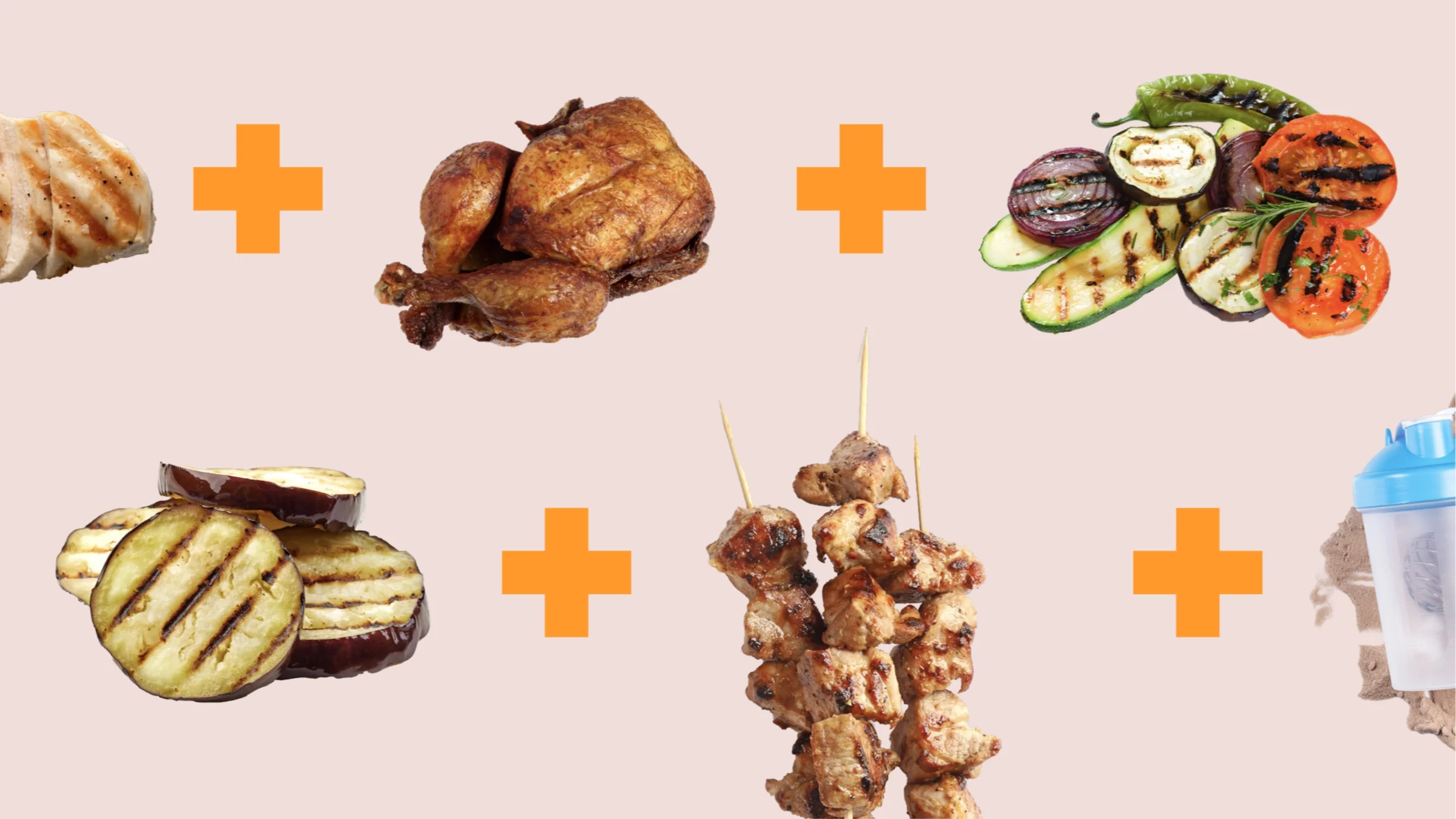 Custom graphic showcasing the foods in Rasheda’s diet while taking Ozempic. Top row, left to right: grilled chicken breast, whole roast chicken, and grilled veggies. Bottom row, left to right: grilled eggplant, chicken skewers, and a protein powder and cup.