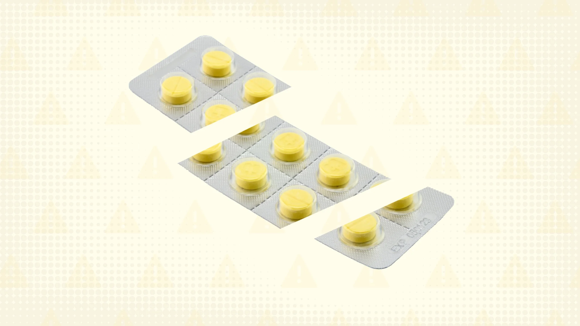 A photo of a blister pack of round yellow pills is cut into thirds.