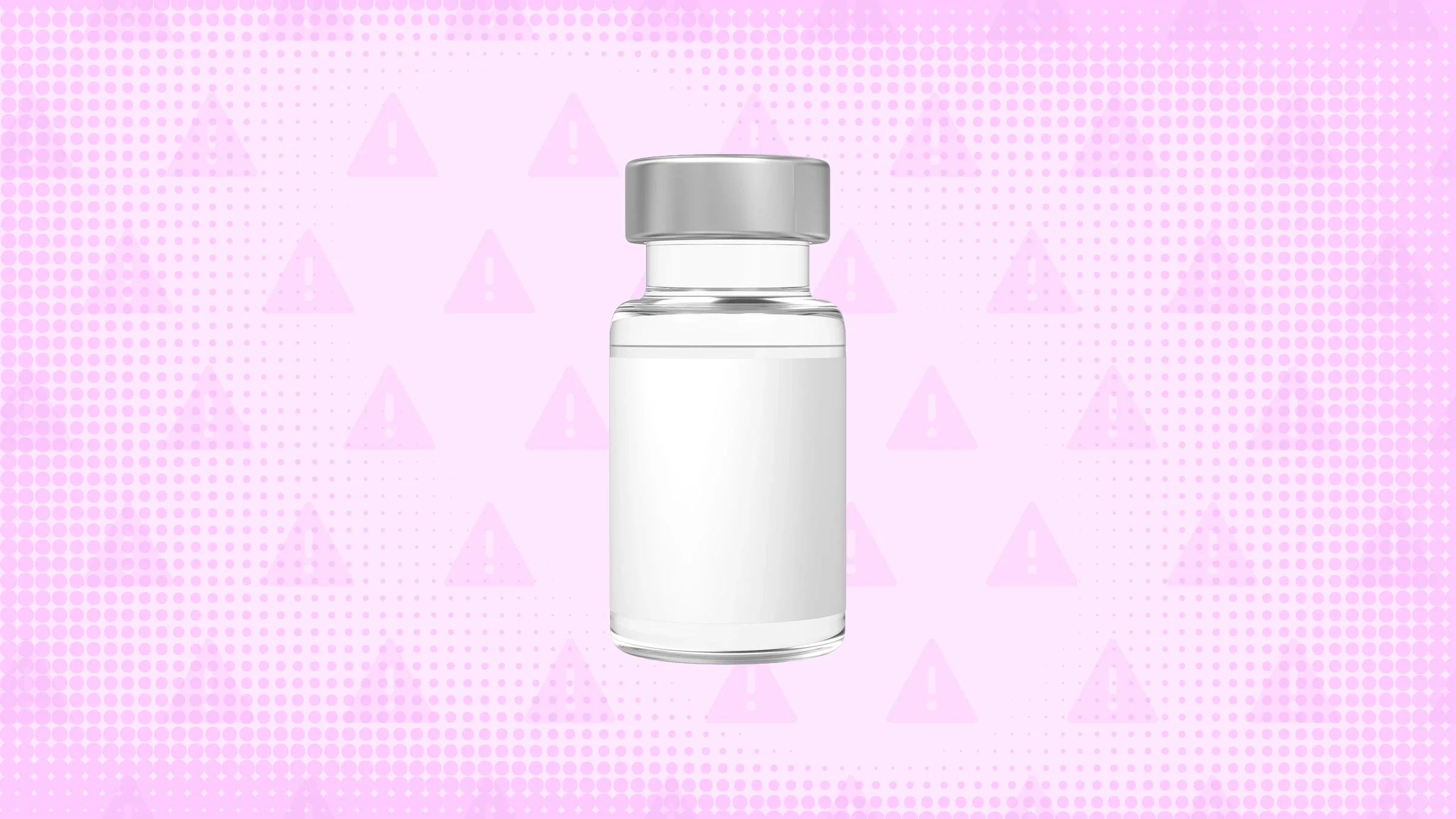 Light purple background with texture and warning sign pattern. In the center is a piles of vial of medicine