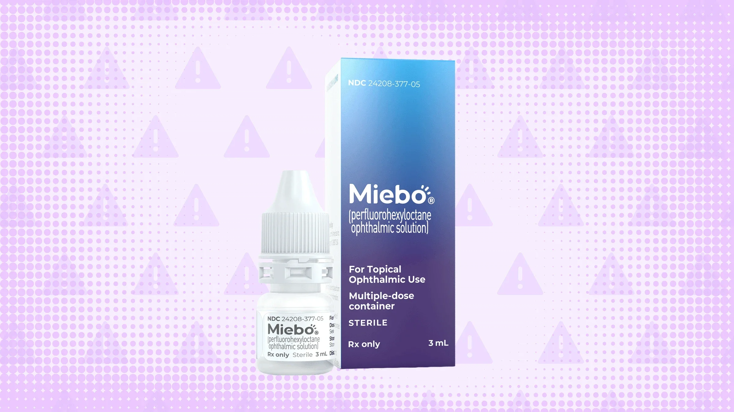 A graphic includes a light-purple, warning-sign background with an image of Miebo eye drops in the center.
GoodRx Health, Courtesy of Bausch + Lomb