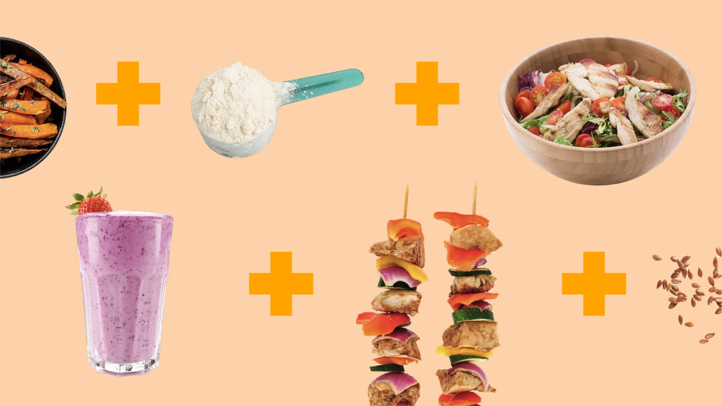 A graphic representing what to eat on Ozempic includes photos of different foods, such as a smoothie and a salad.