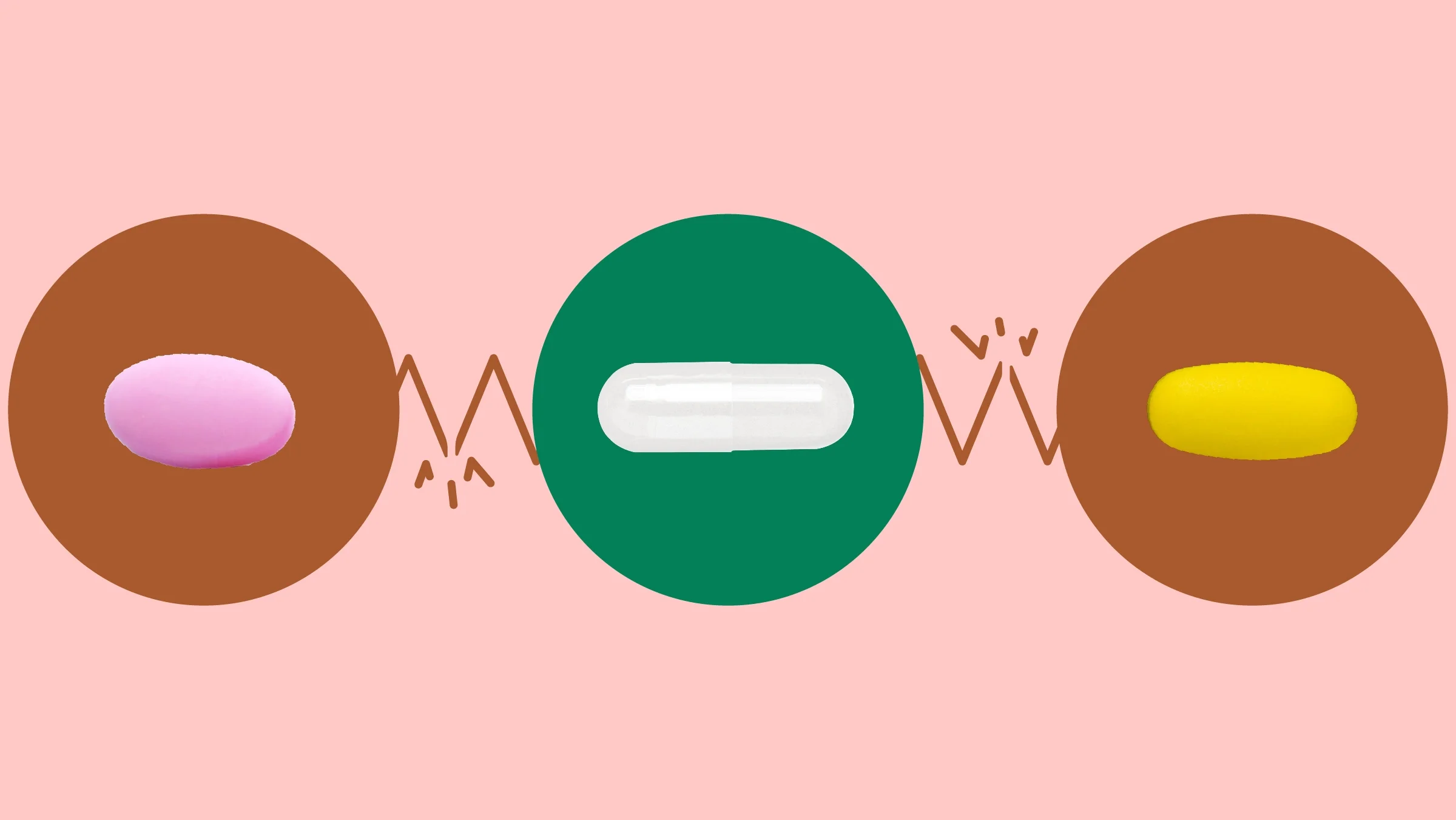 Light red background with three circles across the frame. In the center, on a green circle, is a single white capsule pill. On the left, on a red circle, is an oblong pink pill. On the right, on a red circle, is an oblong yellow pill.
