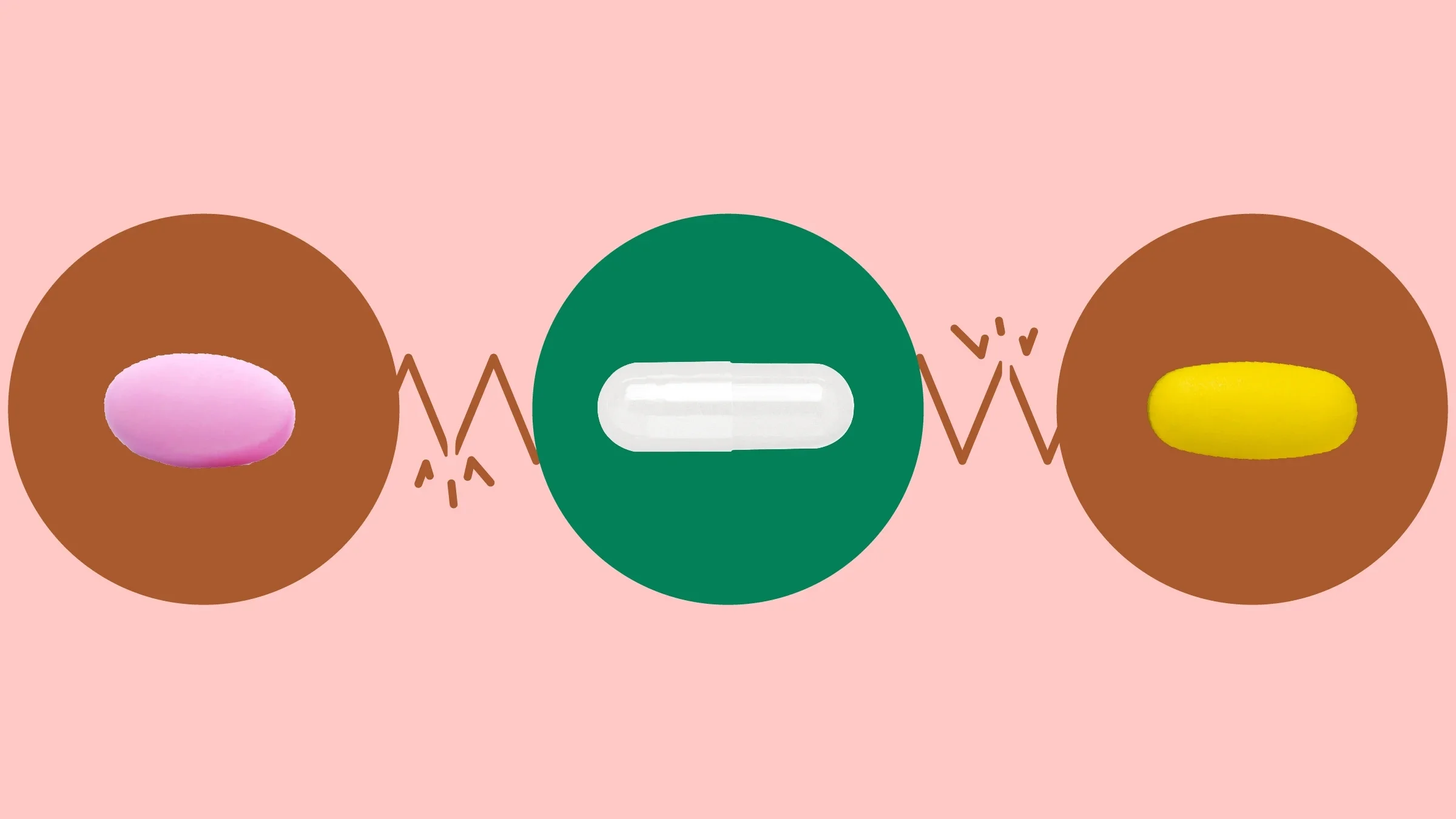 Light red background with three circles across the frame. In the center, on a green circle, is a single white capsule pill. On the left, on a red circle, is an oblong pink pill. On the right, on a red circle, is an oblong yellow pill.