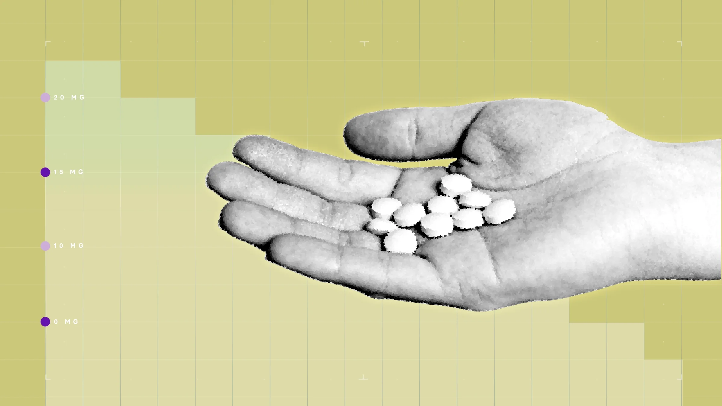 In the center of a yellow background with graph paper texture and representational step graph is a black and white cutout of a hand holding a pile of round pills. 