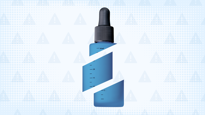 An illustration shows a blue dropper bottle that appears to be broken into three pieces. 