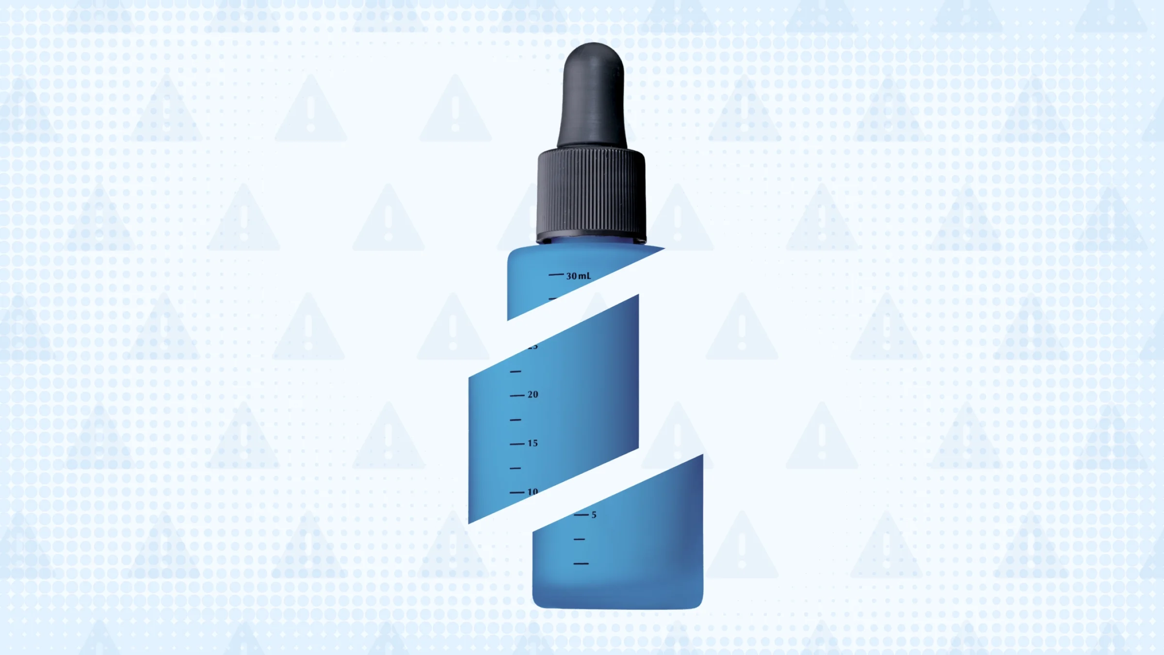 An illustration shows a blue dropper bottle that appears to be broken into three pieces. 
