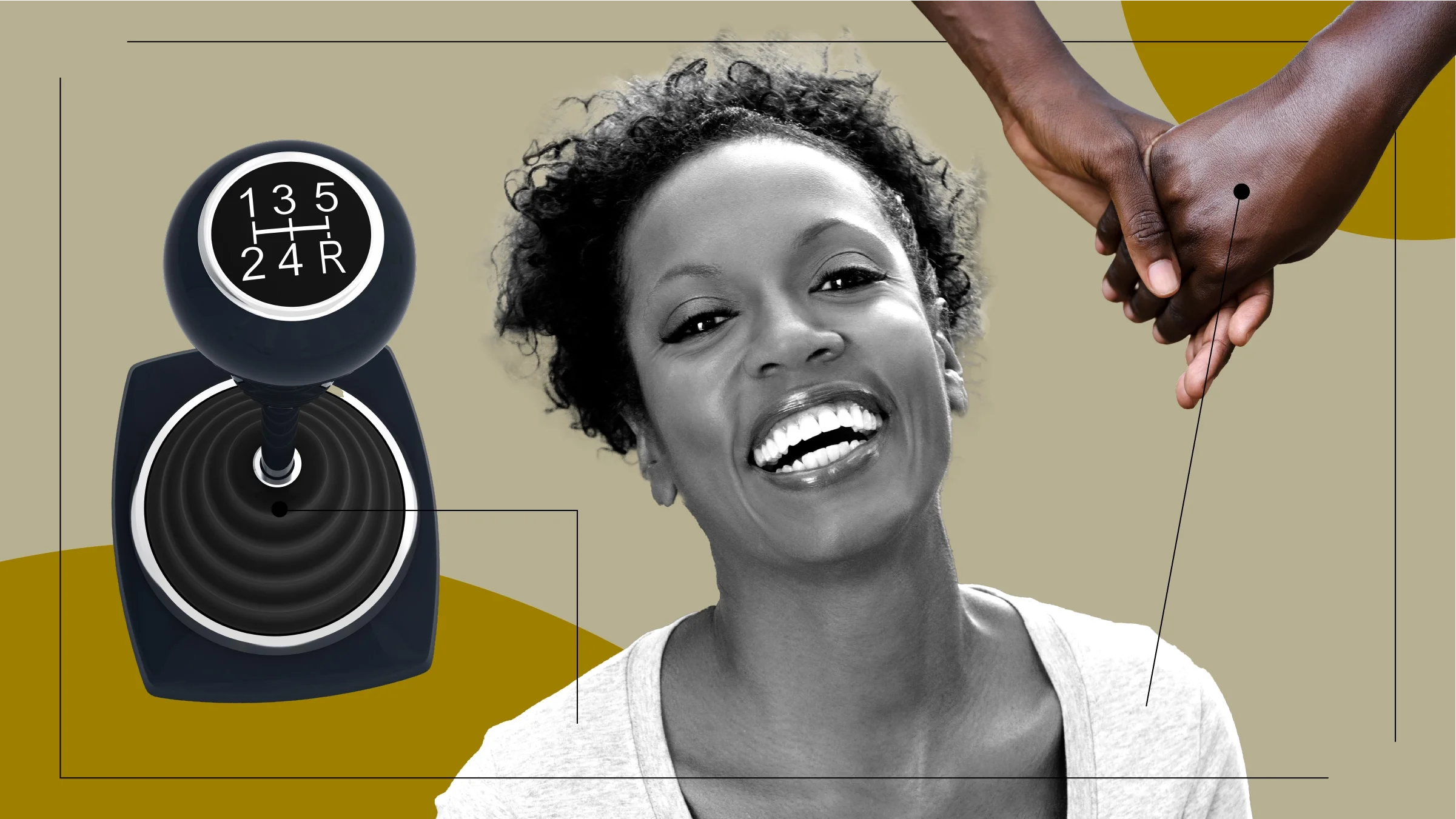 Tan background with black-and-white cutout of a smiling Black woman in the center. On both sides of her are objects representing the feelings of Lupus’ effects on Crystal’s life. 