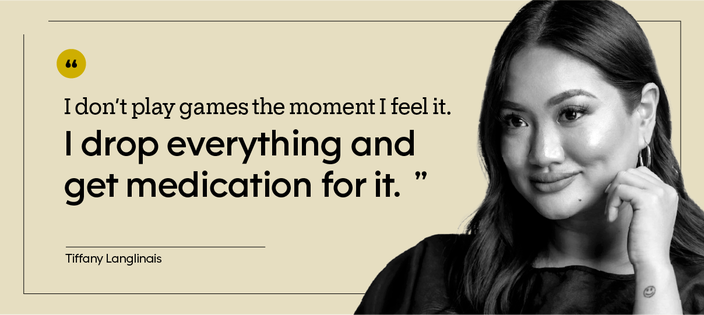 Tiffany Langlinais is pictured, indoors, with the quote: “Without society even saying anything to me, I self-labeled: ‘I’m promiscuous. I’m dirty.’”