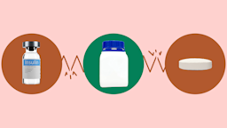 A custom graphic shows what medications can interact with Rybelsus. In the center, on a green circle, is a white pill bottle with a blue cap. On the left, on a red circle, is an insulin vial with a blue label. On the right, on a red circle, is a white oblong pill.
GoodRx Health