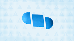 A custom graphic includes a light-blue background with a warning sign pattern and a blue, oblong pill cut into thirds. 
GoodRx Health