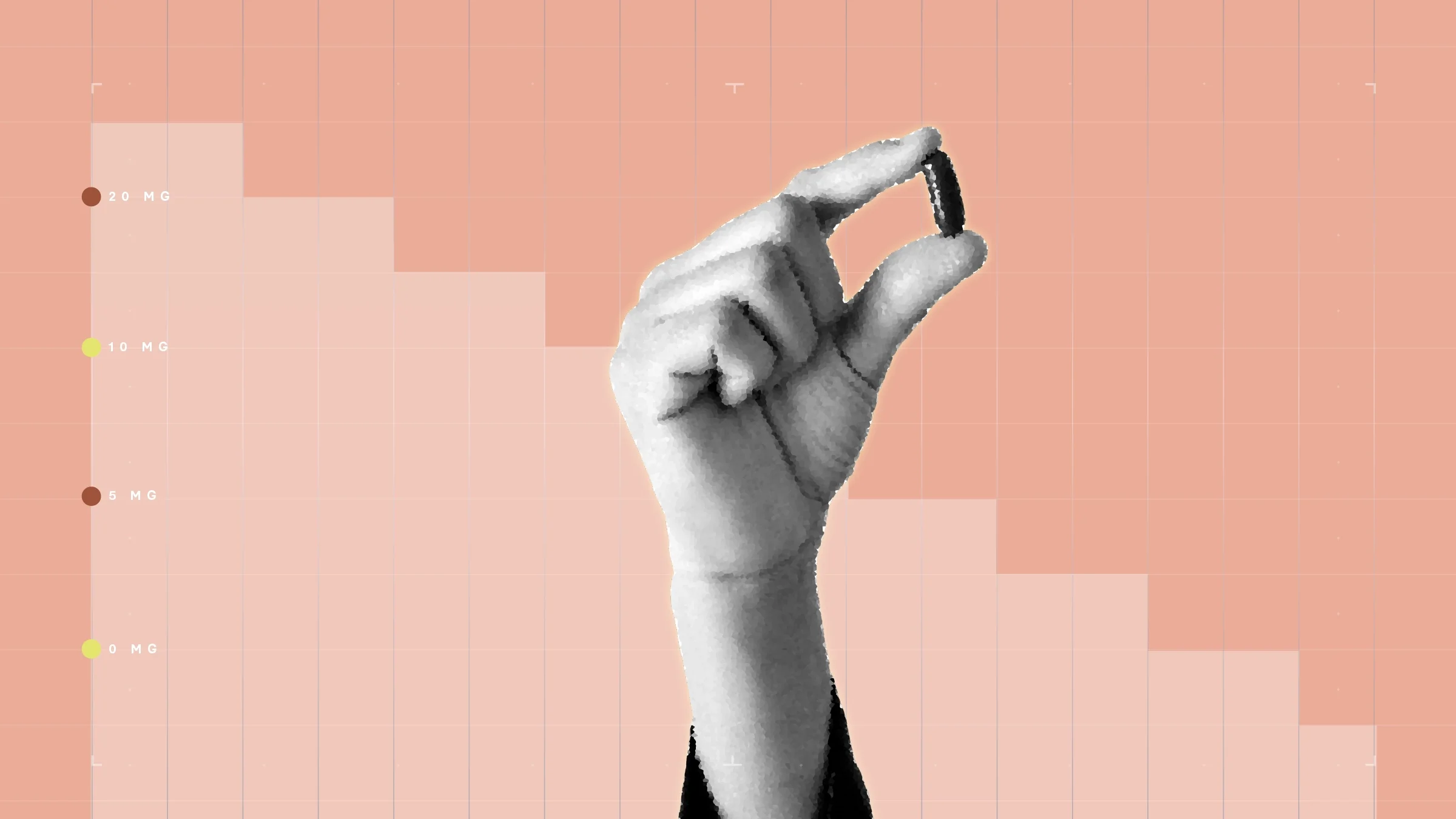 Light pink-orange background with graph paper texture and representational step graph. In the center is a black and white cutout of a hand holding a single pill