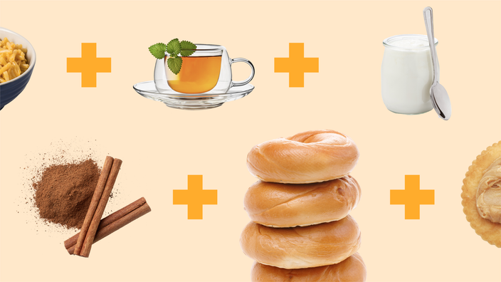 Light yellow background with food items lined up in rows separated by yellow plus signs. The top row from left to right: a bowl of mac and cheese, mint tea, and Greek yogurt. The bottom row from left to right: cinnamon, stack of bagels, and peanut butter on a cracker. 