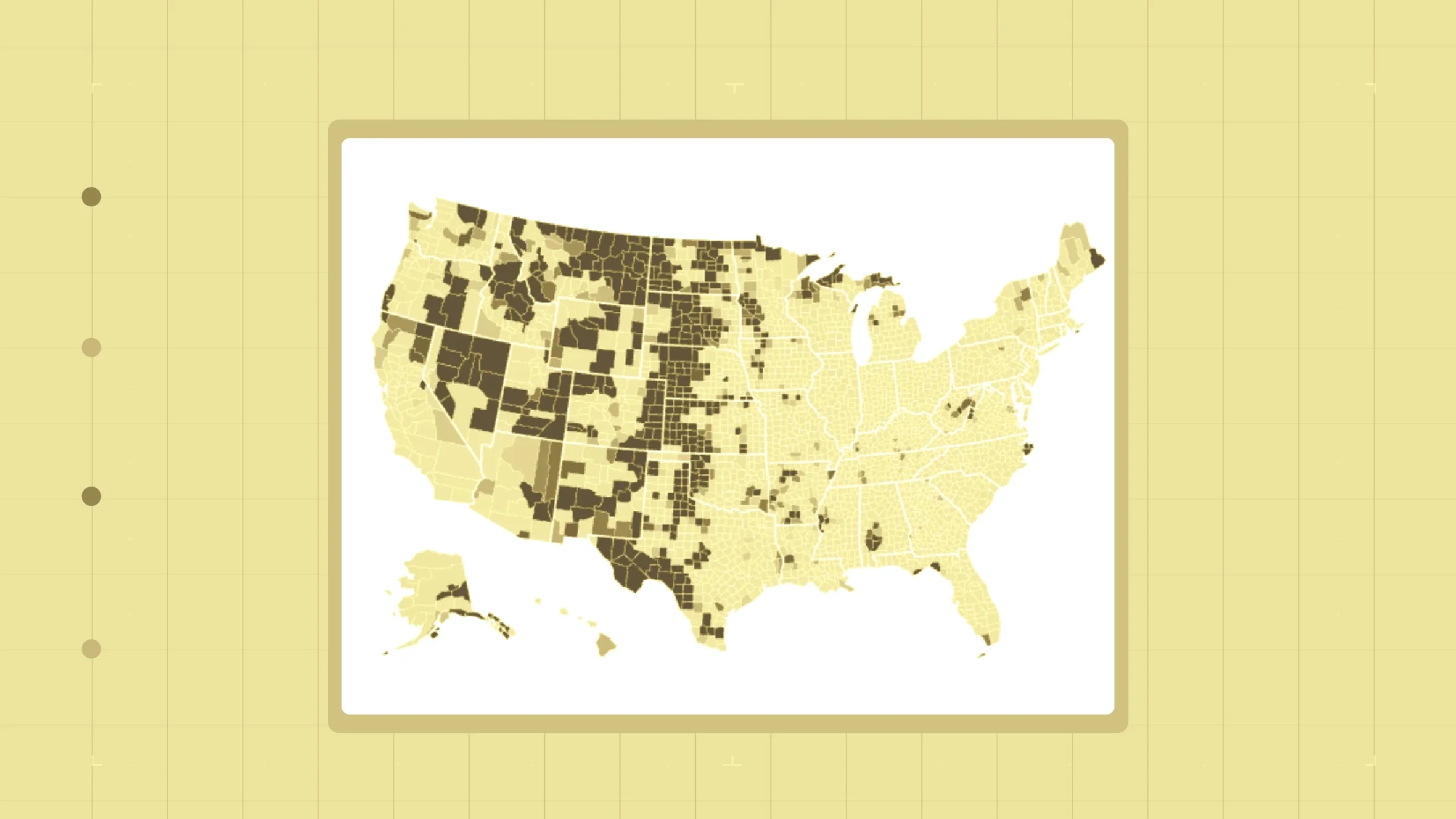 Light yellow background with graph paper texture. In the center is a yellow and gold map of the United States.