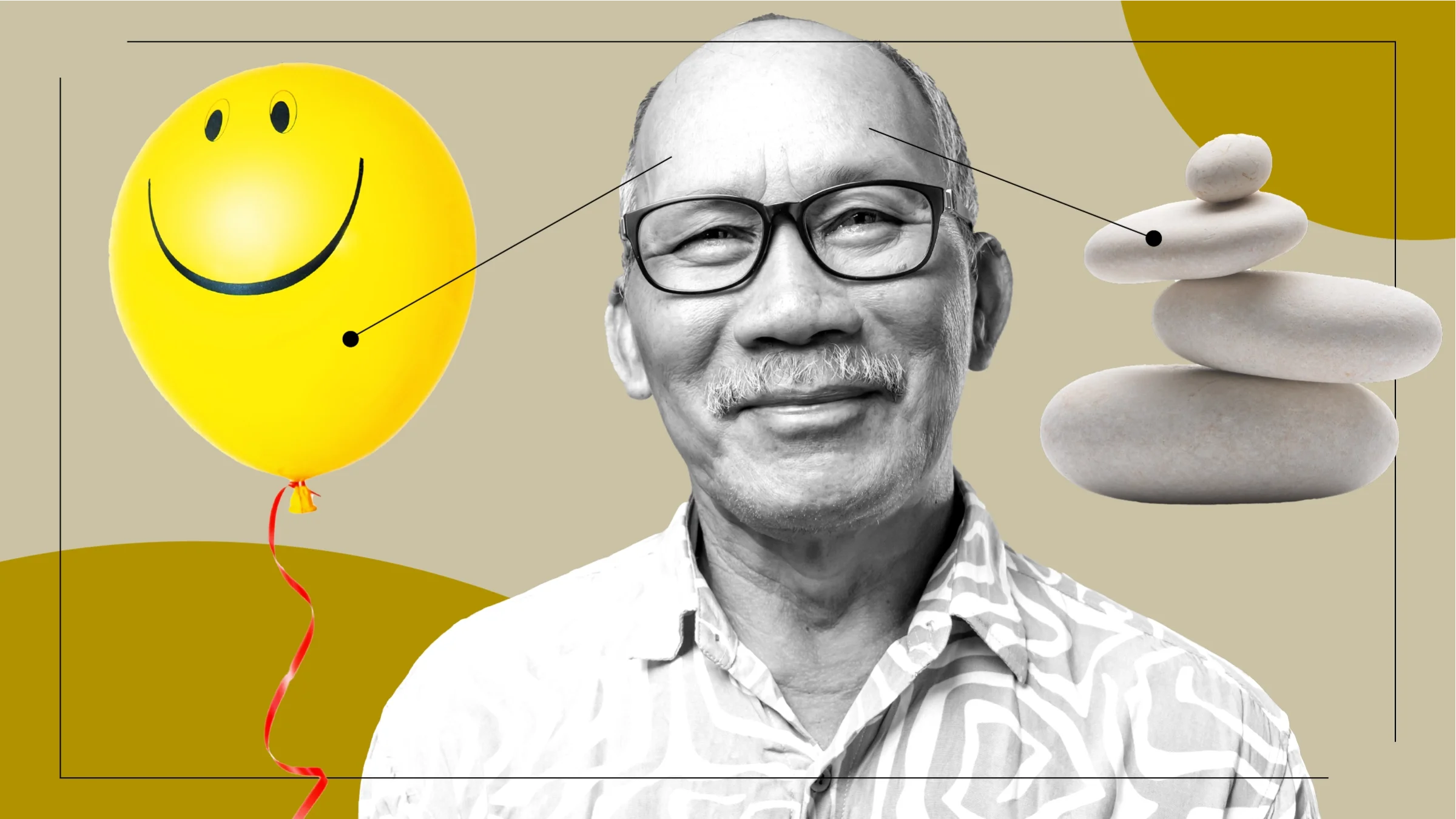 Custom graphic with a black-and-white portrait of a man with glasses in the center. Off of him are diagram lines pointing to objects representing what it feels like to take the medication amlodipine. On the left is a smiley face balloon and on the right is a pile of zen rocks. 