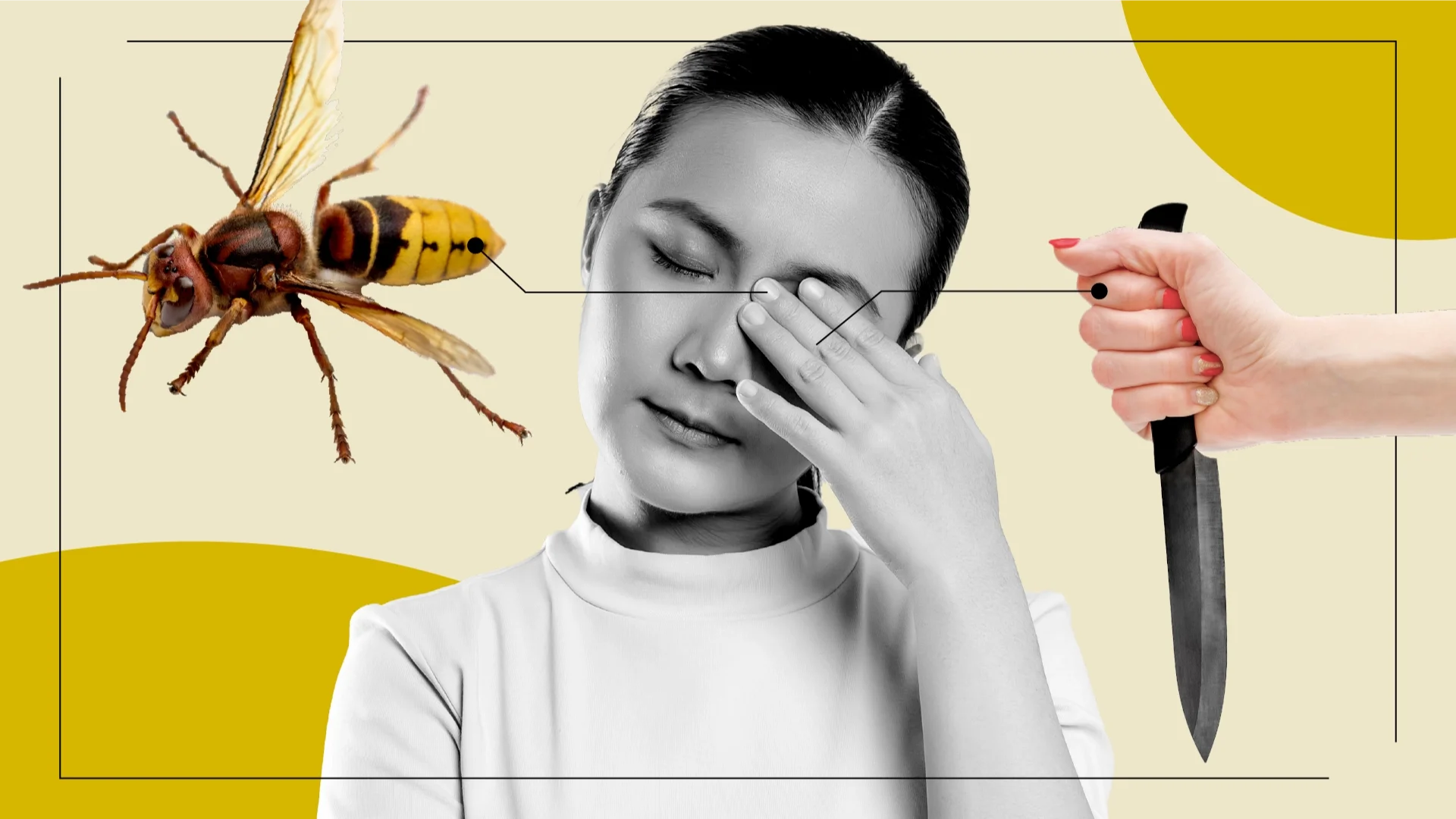 Black-and-white photo of a woman covering her eye with representations of her pain: a hornet and a person holding a knife.