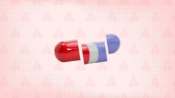 Custom graphic with a red background with texture and a warning sign pattern. In the center is a blue, gray, and red pill cut into thirds. 