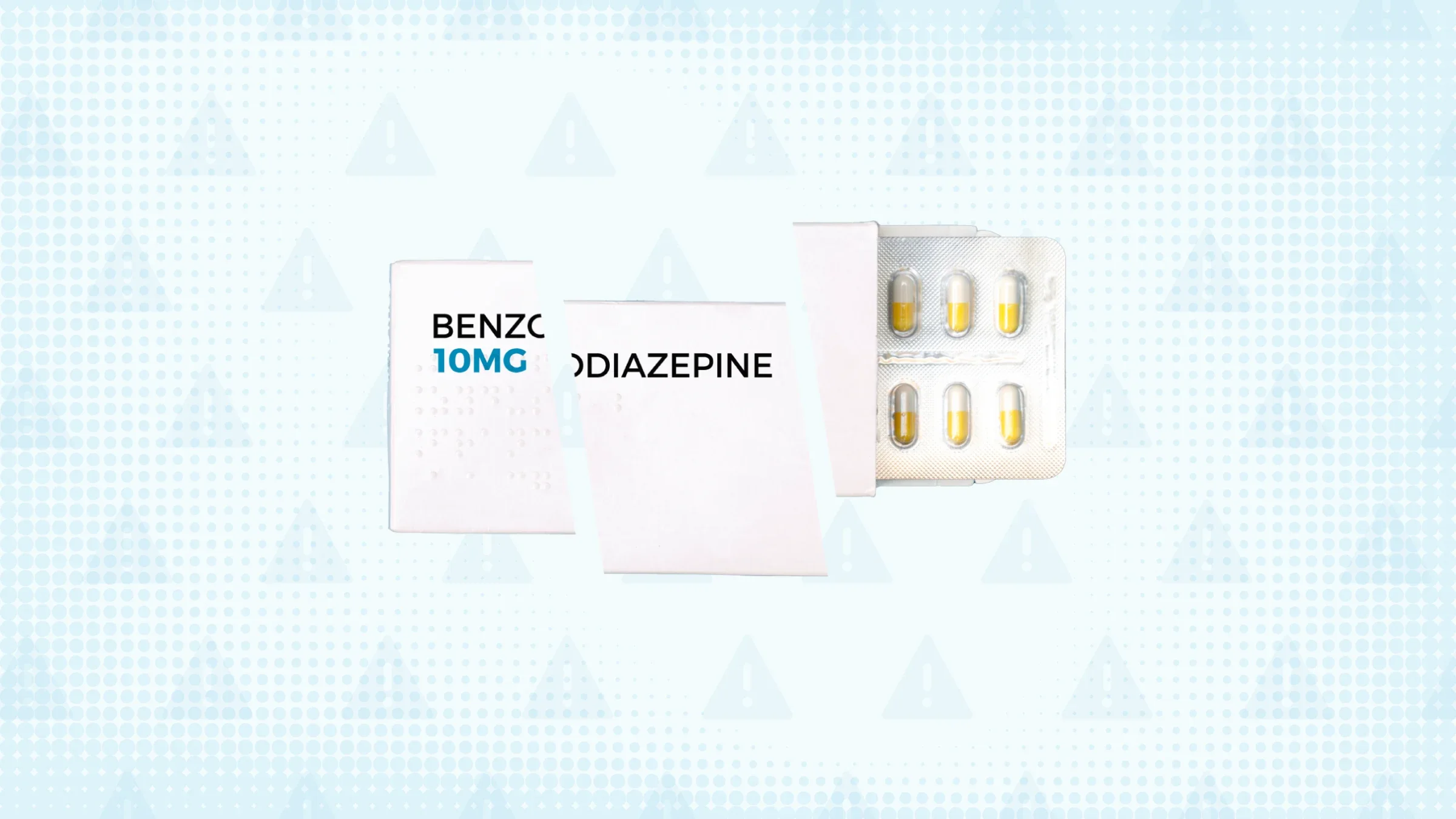 Light-blue background with texture and warning sign pattern. In the center is a benzodiazepine pill box, cut into thirds, with a blister pack of pills extending from the right side of the box. 
GoodRx Health 
