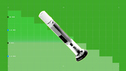 Green background with graph paper texture. There is a graph that resembles a step graph. In the center is a black-and-white cutout of an automatic injection pen.
GoodRx Health