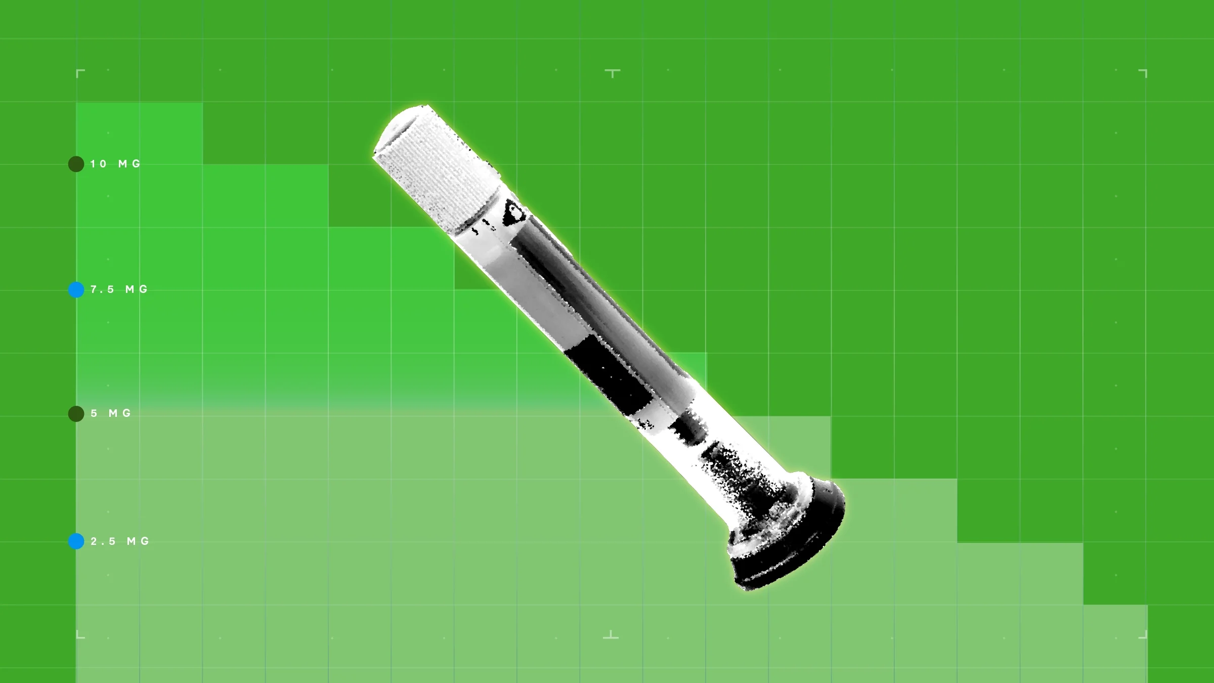Green background with graph paper texture. There is a graph that resembles a step graph. In the center is a black-and-white cutout of an automatic injection pen.