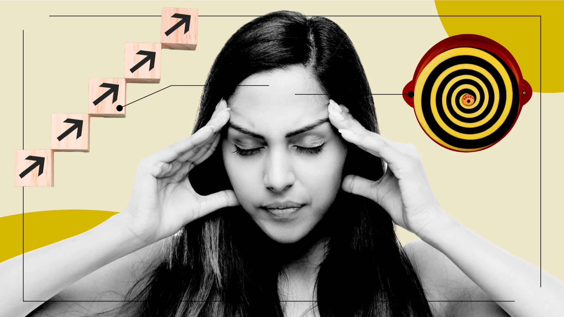 A woman surrounded by representations of feelings and side effects of Tizanidine including, improvement arrows and dizziness.