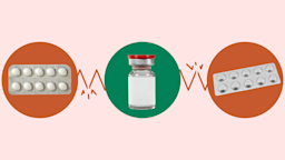 Light-red background with three circles across the frame. In the center, on a green circle, is a medication vial with a red top. On the left, on a red circle, is a blister pack of white pills. On the right, on a red circle, is a silver blister pack. 
GoodRx Health