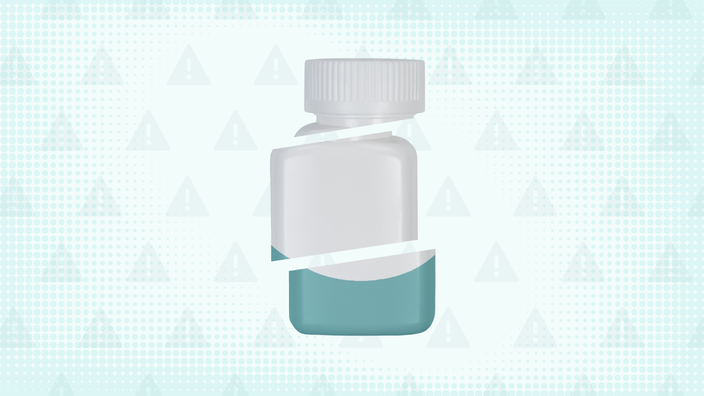 Light teal background with texture and warning sign pattern. In the center is a white and teal pill bottle cut into thirds. 