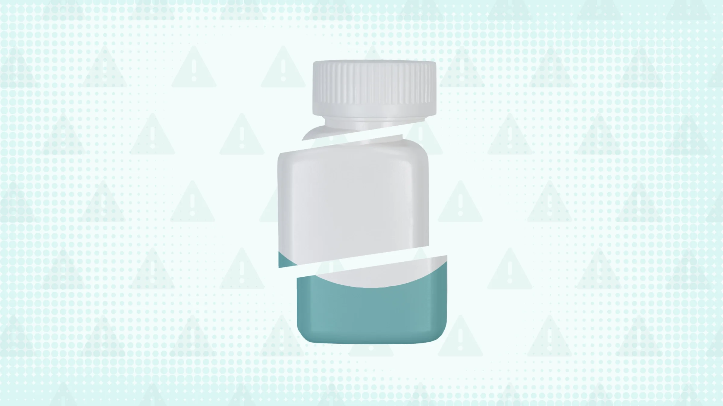 Light teal background with texture and warning sign pattern. In the center is a white and teal pill bottle cut into thirds.