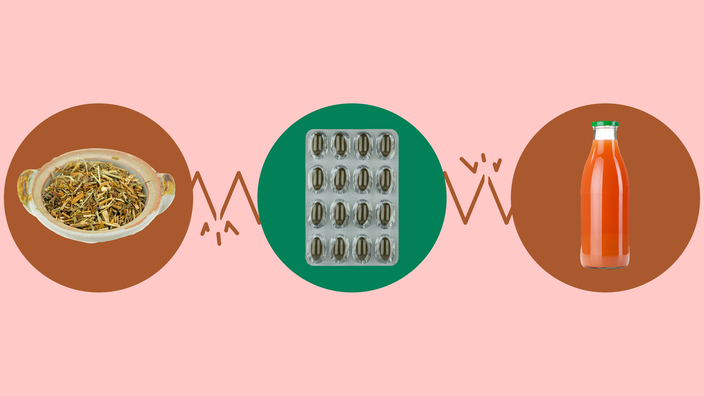 Light-red background with three circles across the frame. In the center, on a green circle, is a blister pack of pills. On the left, on a red circle, is a bowl of dried herbs. On the right, on a red circle, is a glass bottle of grapefruit juice.