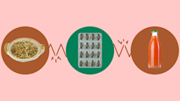 Light-red background with three circles across the frame. In the center, on a green circle, is a blister pack of pills. On the left, on a red circle, is a bowl of dried herbs. On the right, on a red circle, is a glass bottle of grapefruit juice.
GoodRx Health
