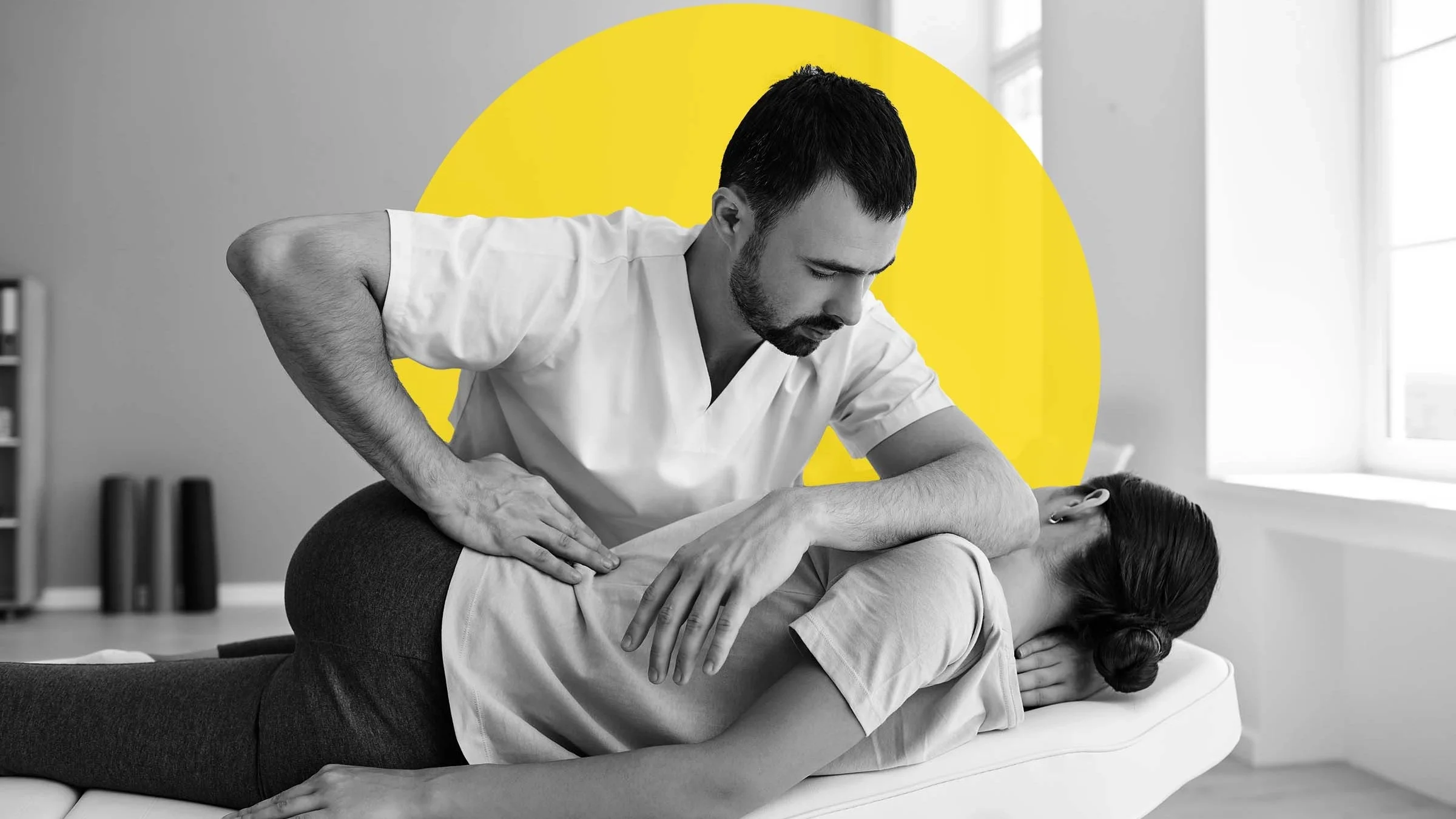 Black and white image of a woman getting her back adjusted at the chiropractor's office. There is an added yellow graphic circle behind the chiropractor and patient.