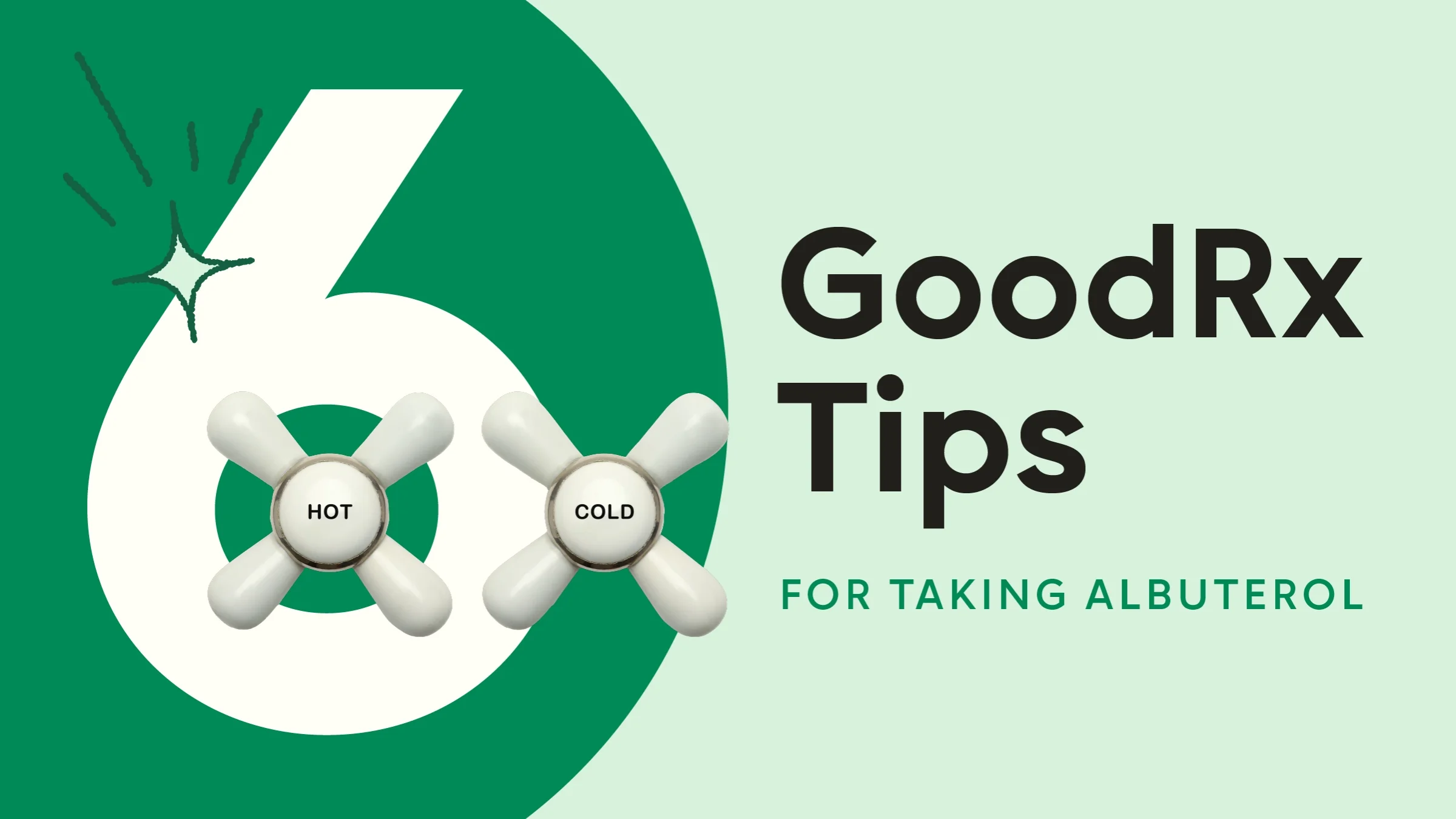 A graphic includes text reading “6 GoodRx tips for Taking Albuterol” with a hot and cold tap overlaying the number six. 