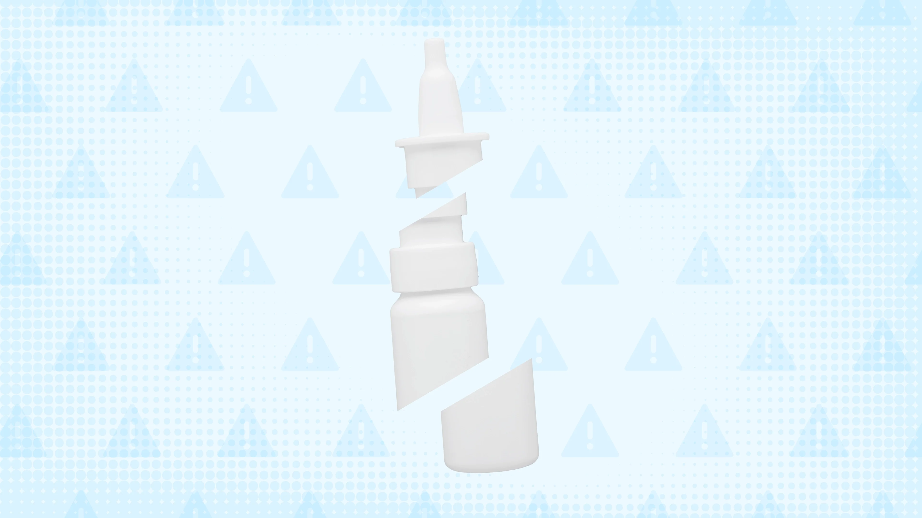 In the center of a light blue background with a texture and warning sign pattern is a white nasal spray bottle cut into thirds. 