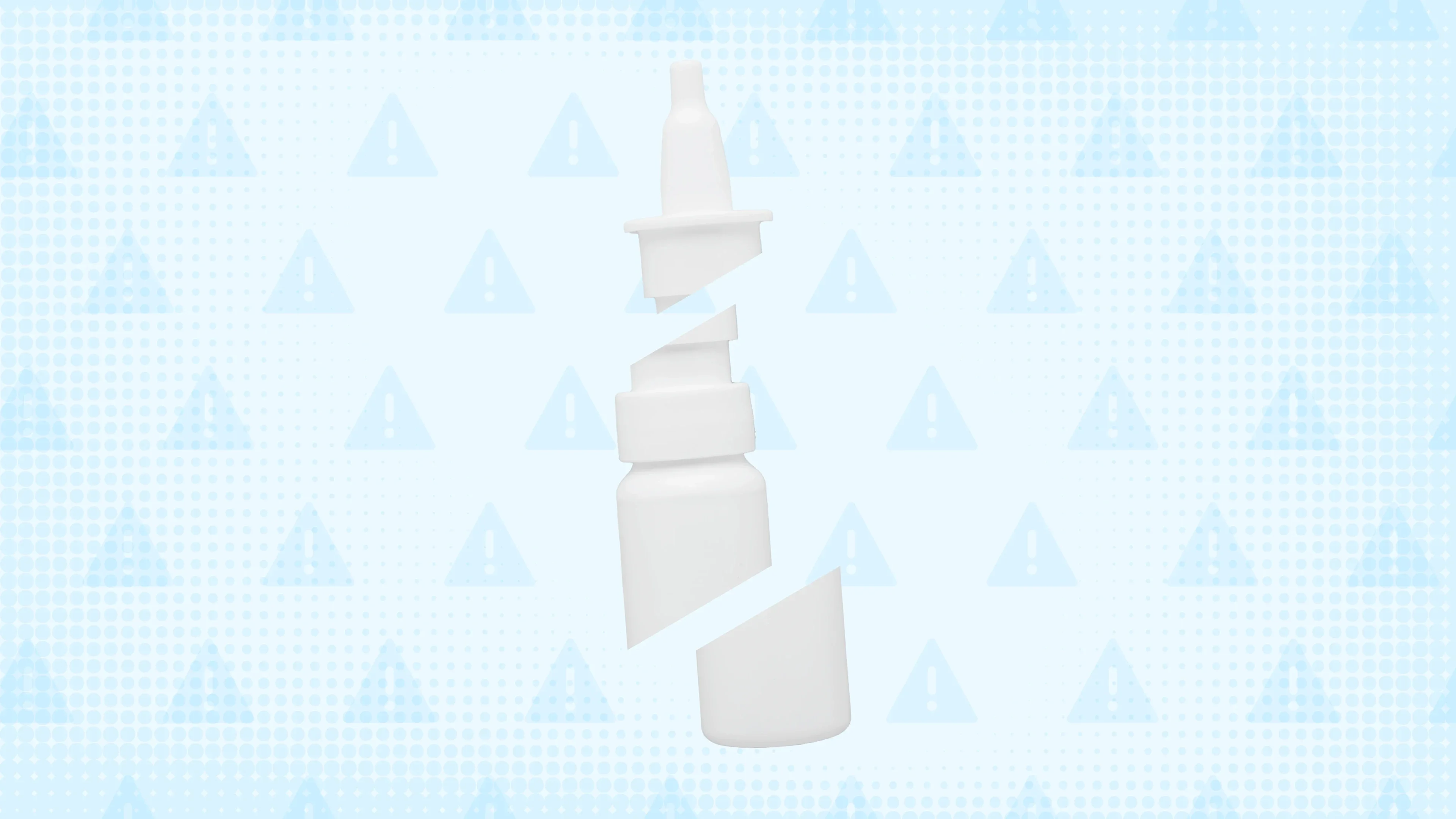 In the center of a light blue background with a texture and warning sign pattern is a white nasal spray bottle cut into thirds. 
GoodRx Health