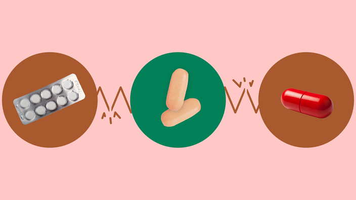 A light-red background with three circles across the frame. In the center, on a green circle, are two peach-colored oblong pills. On the left, on a red circle, is a blister pack of white pills. On the right, on a red circle, is a red capsule pill. 