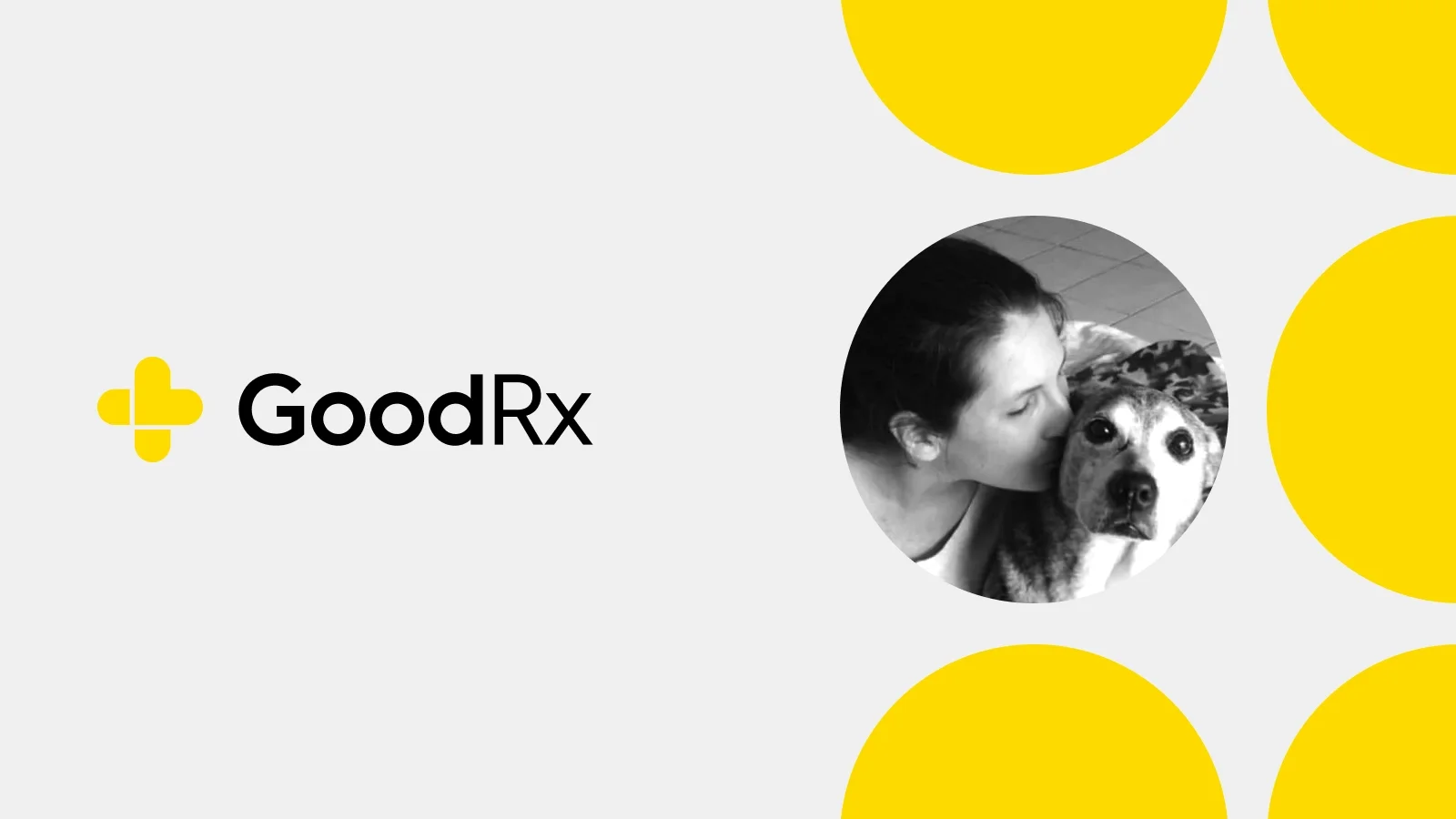 GoodRx logo and portrait of Suzanne and dog