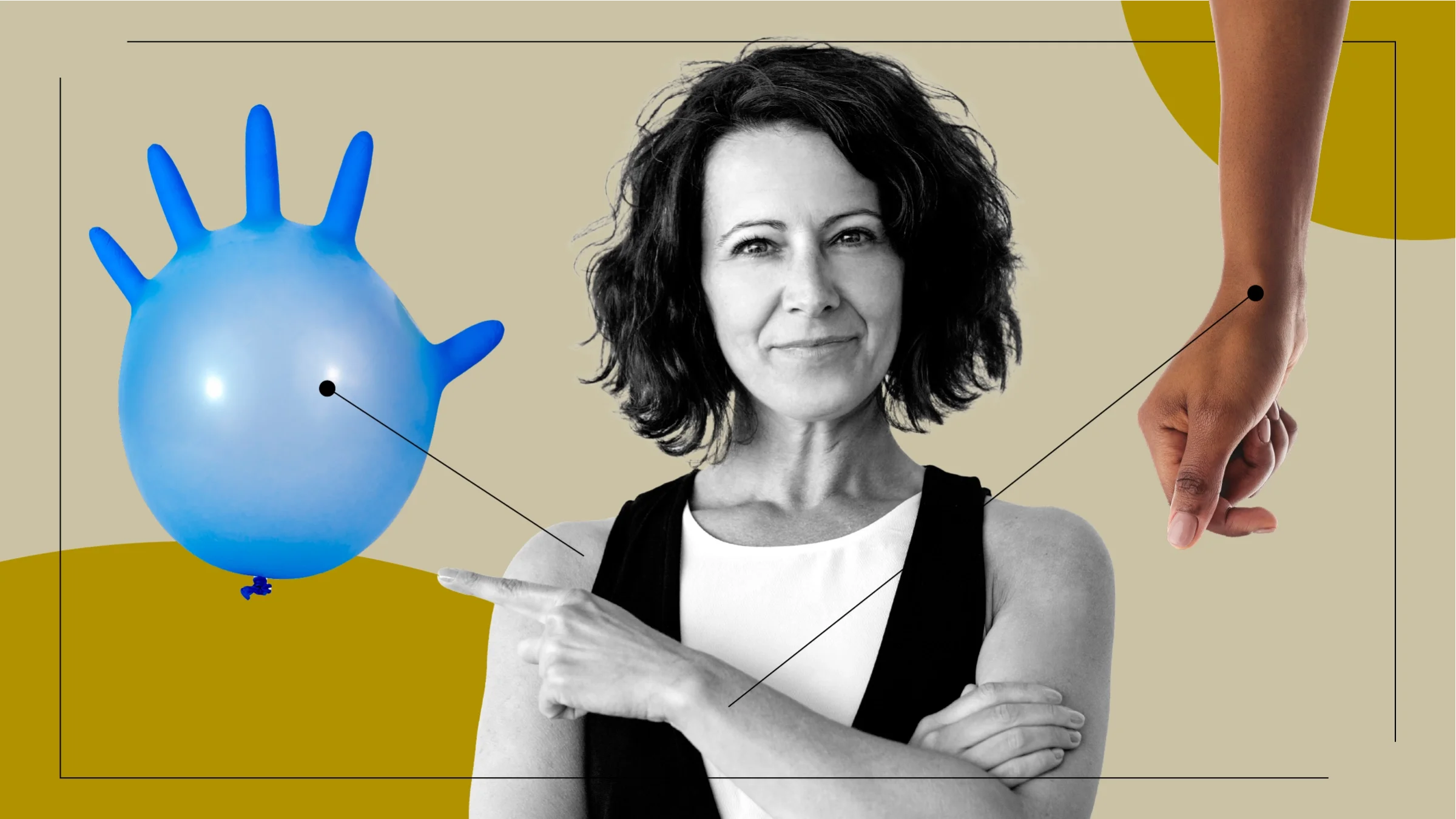 Custom graphic with a black-and-white portrait of a woman pointing in the middle. Off of her are diagram lines pointing to items representing what a heart attack feels like. On the left is a blown-up rubber glove and on the right is a person’s wrist. 