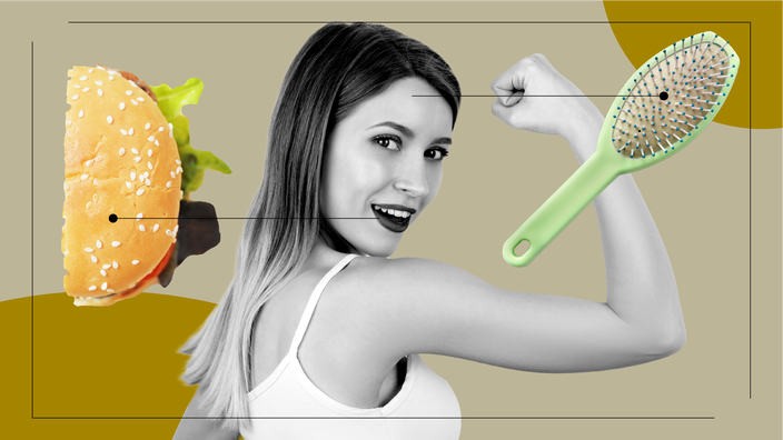 Tan background with black-and-white portrait of a woman flexing her arm in the center. Off of her are diagram lines pointing to objects representing the feelings of being on Wegovy. On the left is a half of a burger. On the right is a green hairbrush. 