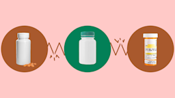 Light-red background with three circles across the center of the frame. In the center, on a green circle, is a white pill bottle with a teal green cap. On the left, on a red circle, is a white pill bottle with a small pile of orange pills next to it. On the right, on a red circle, is an orange prescription pill bottle.
GoodRx Health
