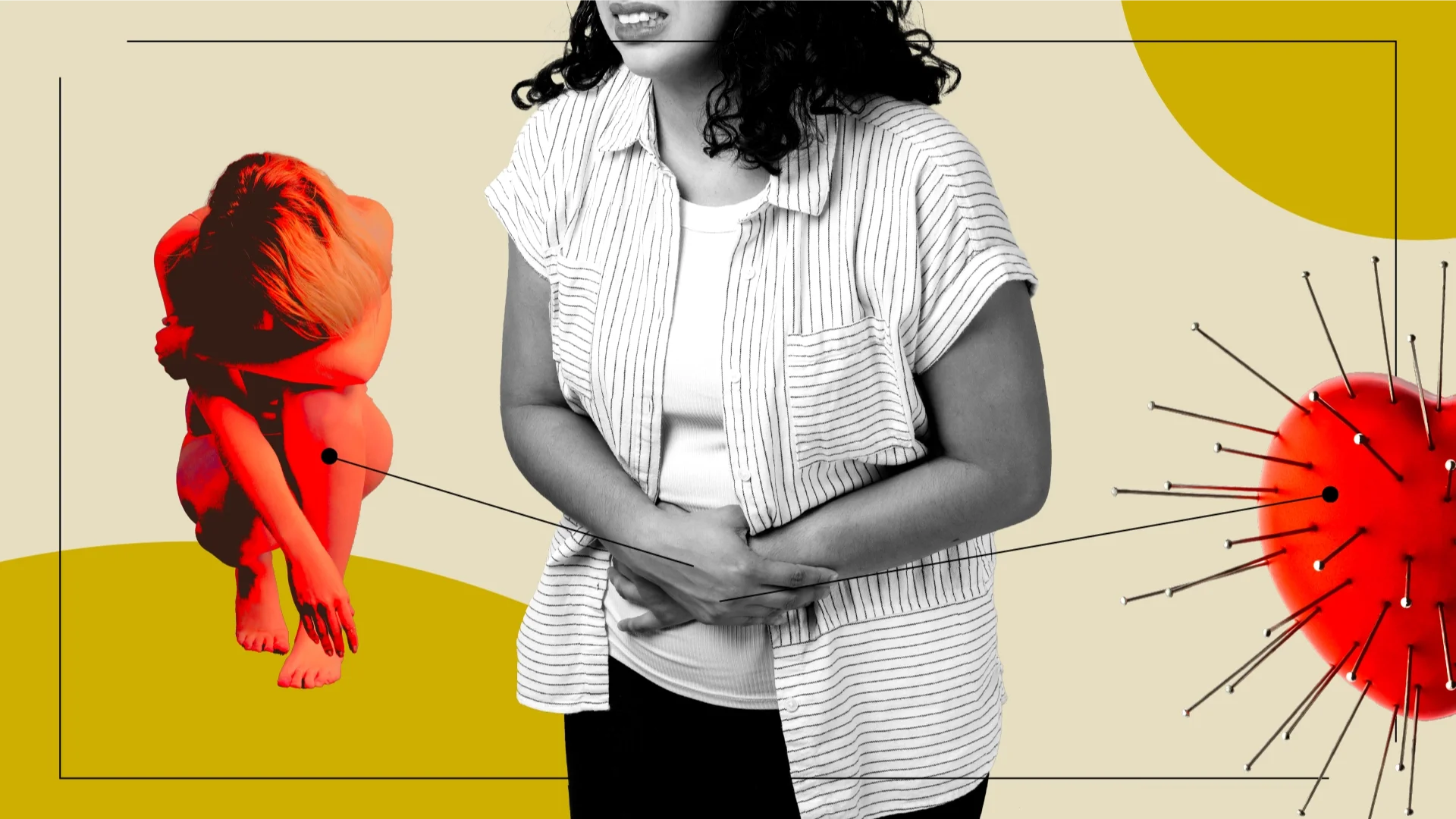 A custom graphic includes a photo of a woman experiencing severe cramps, surrounded by images that represent the pain of an atopic pregnancy.