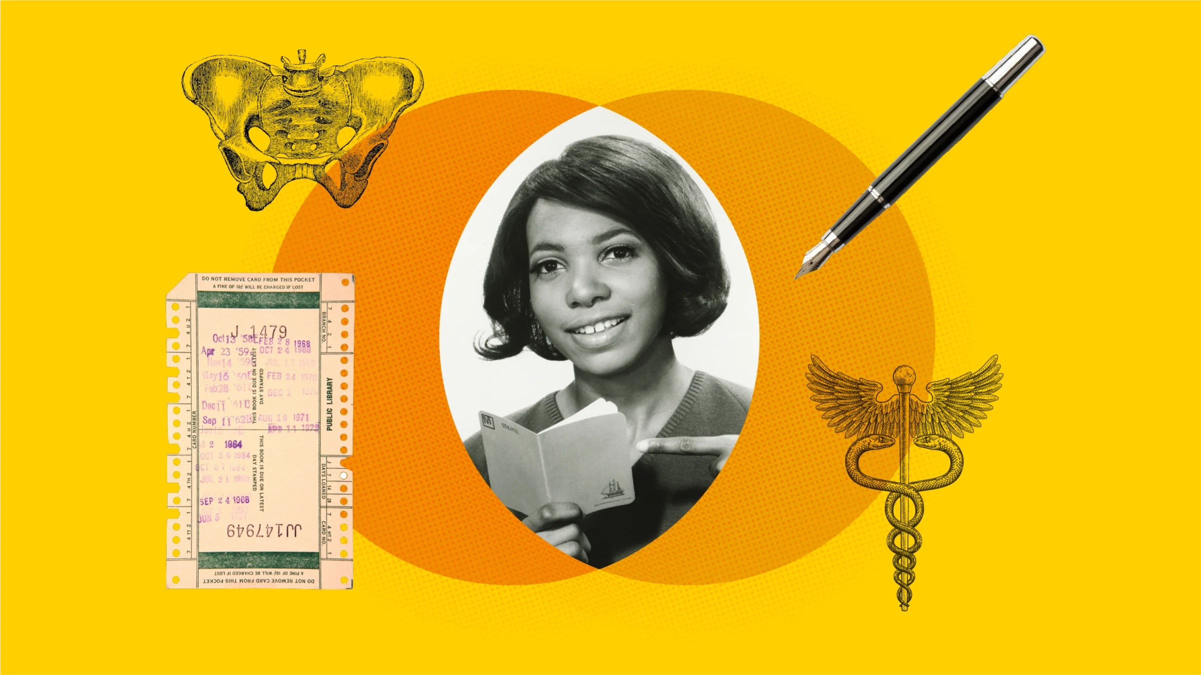Alt Text: A photo of a woman. Surrounding her are items representing menopause and work: an etching of a pelvis, the caduceus medical symbol, a pen, and a timecard.