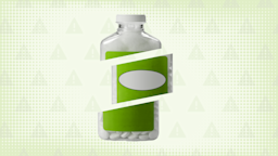 Light green background with halftone texture and warning sign pattern. In the center is an aspirin bottle with a green label cut into thirds.
GoodRx Health