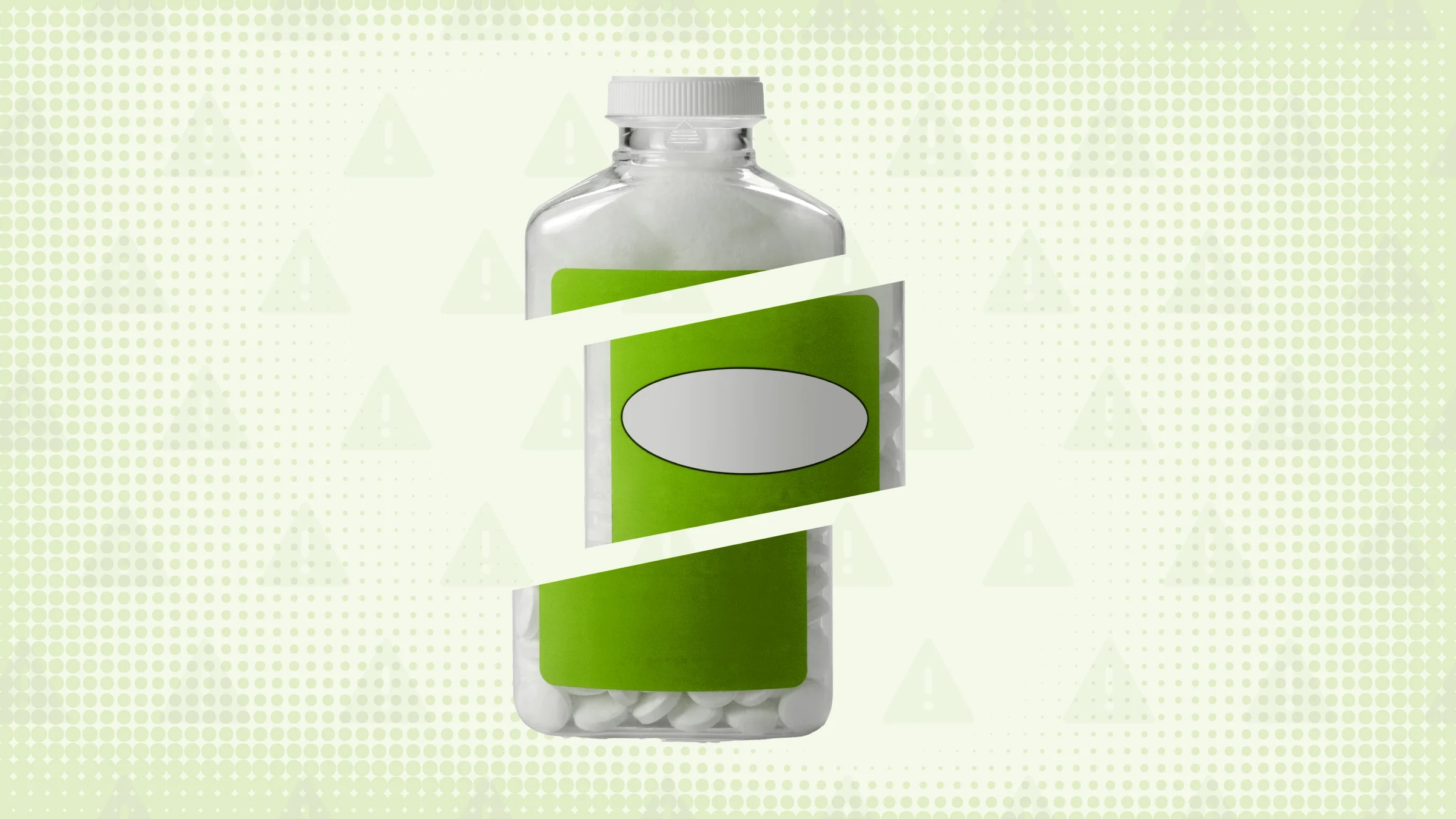 Light green background with halftone texture and warning sign pattern. In the center is an aspirin bottle with a green label cut into thirds.