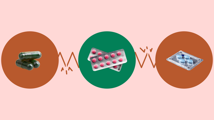 Custom graphic showing the medications that interact with erythromycin. In the center, on a green circle, are two blister packs of pink pills. On the left, on a red circle, is a pile of three green capsules. On the right, on a red circle, is a blister pack of four Viagra pills. 
