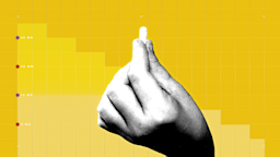 Against a bright yellow background with graph paper texture, there is a representation of a step graph on top. In the center is a black and white cutout image of a hand holding a single pill.
GoodRx Health