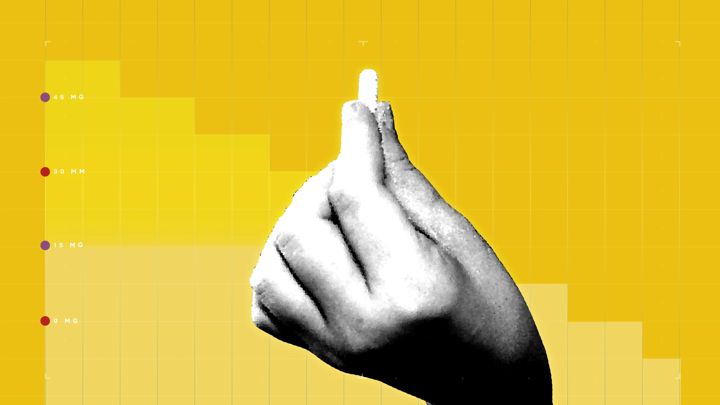 Against a bright yellow background with graph paper texture, there is a representation of a step graph on top. In the center is a black and white cutout image of a hand holding a single pill.